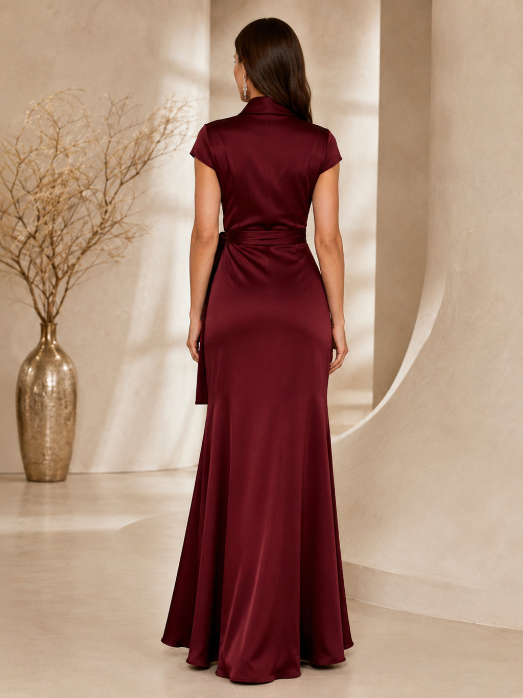 Burgundy V-neck Wrap Satin Sheath Gown back view