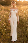 Ivory Off-the-Shoulder Long Sleeve Lace Bridal Jumpsuit with Wide Pants front view