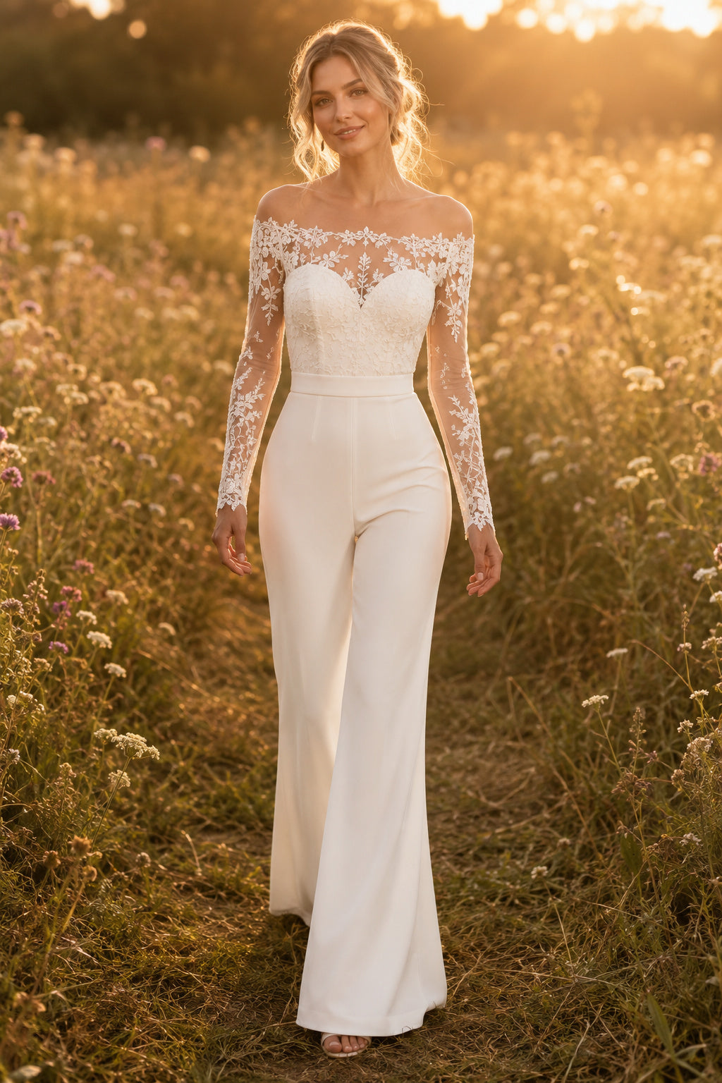 Ivory Off-the-Shoulder Long Sleeve Lace Bridal Jumpsuit with Wide Pants front view