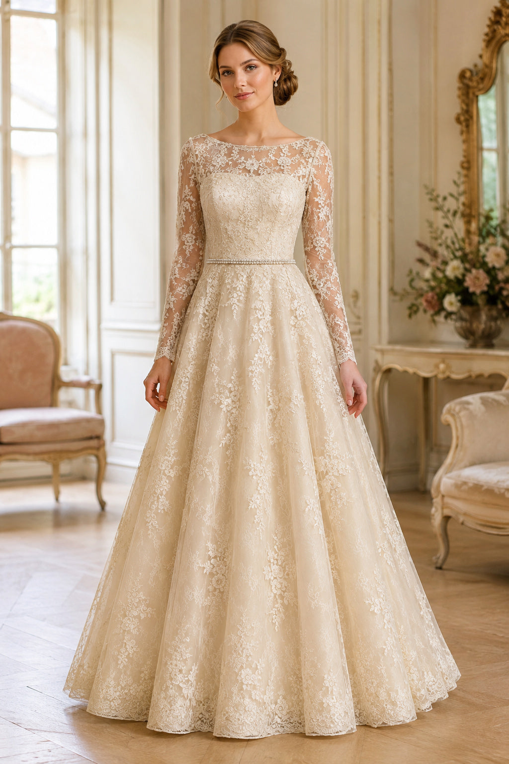 Champagne Long Sleeve Lace Bodice with Full Floor Length Skirt Floor Length A-Line Wedding Dress front view