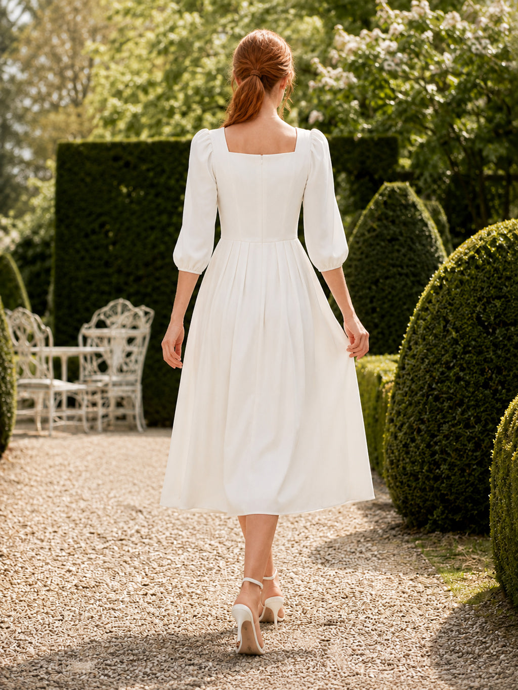 Ivory Square Neck Long Sleeve A Line Garden Guest Dress back view