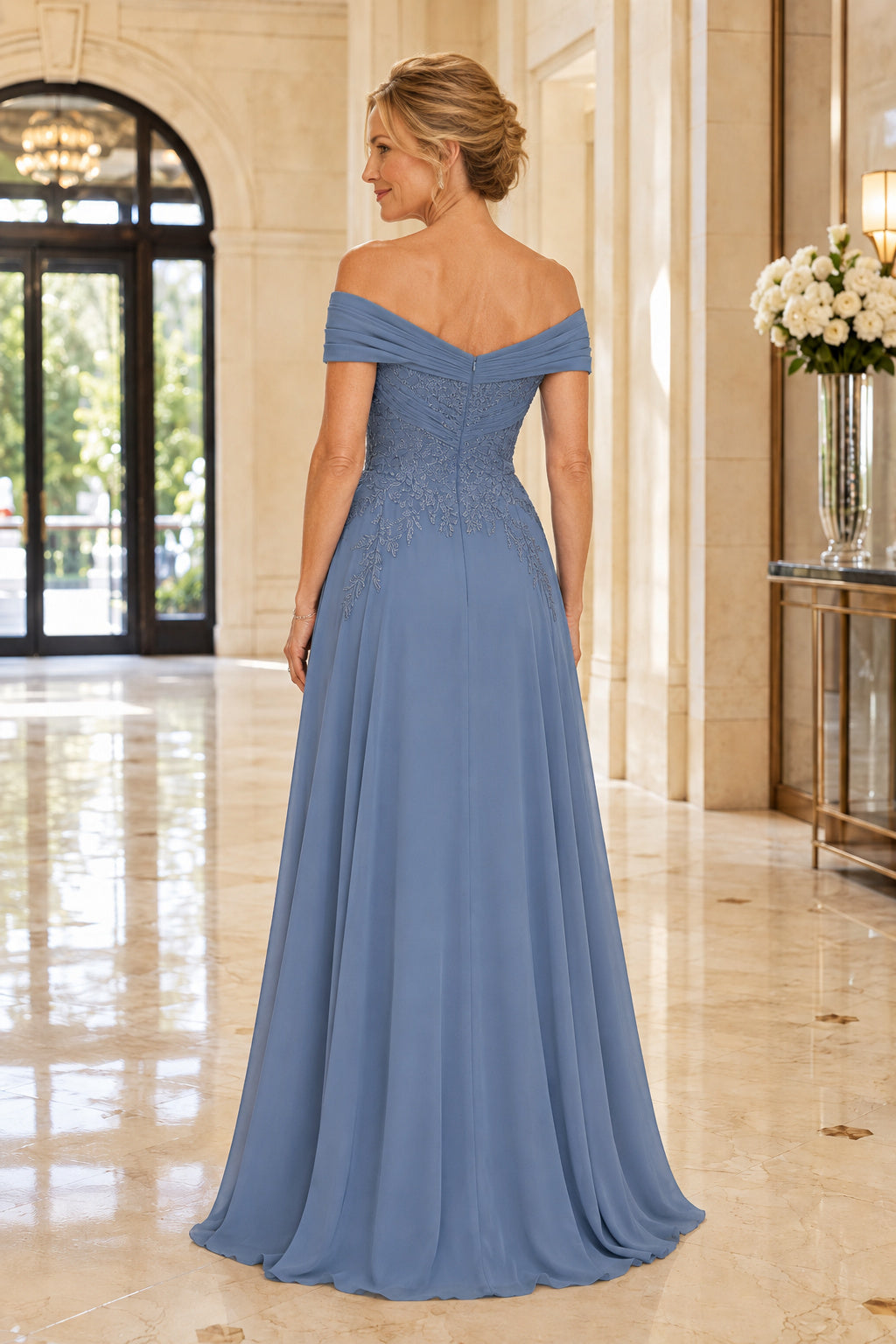 Steel Blue Off Shoulder Chiffon A-Line Mother Dress with Beaded Lace Bodice back view