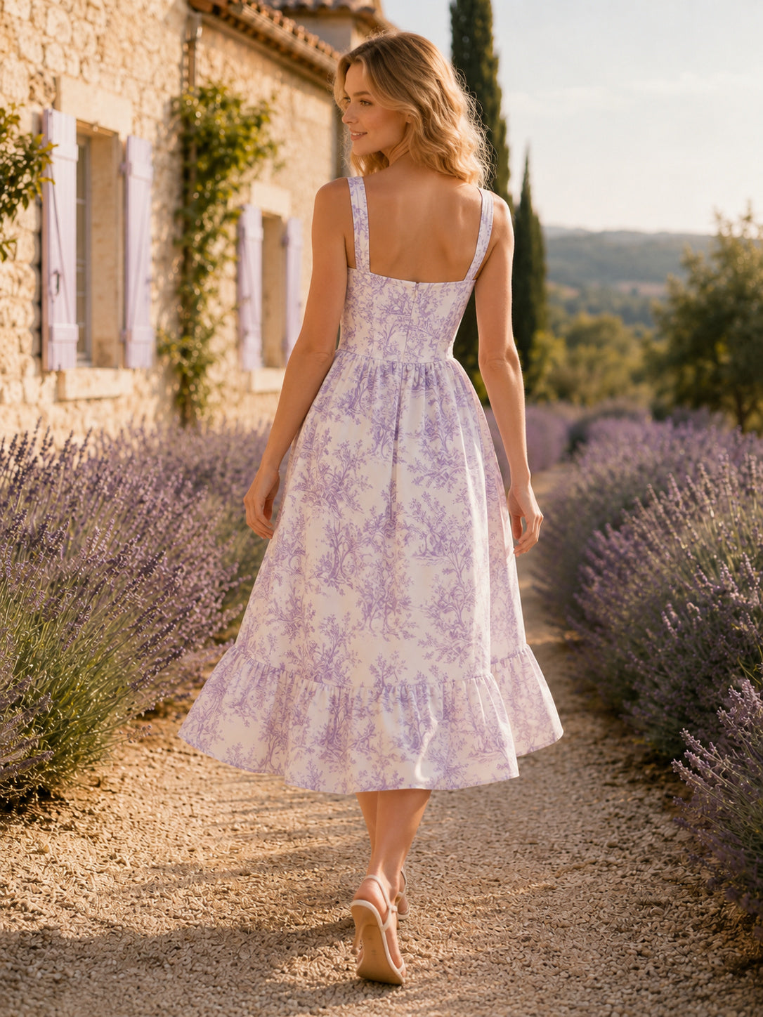 Lavender French Toile Strap Garden Party Midi Dress back view