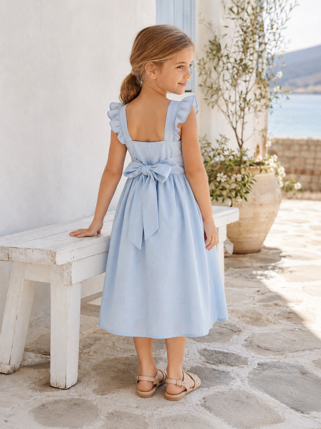 Rustic Sky Blue Linen Square Neck Petal Sleeve Bow Tea-Length A-Line Beach Flower Girl Dress back view