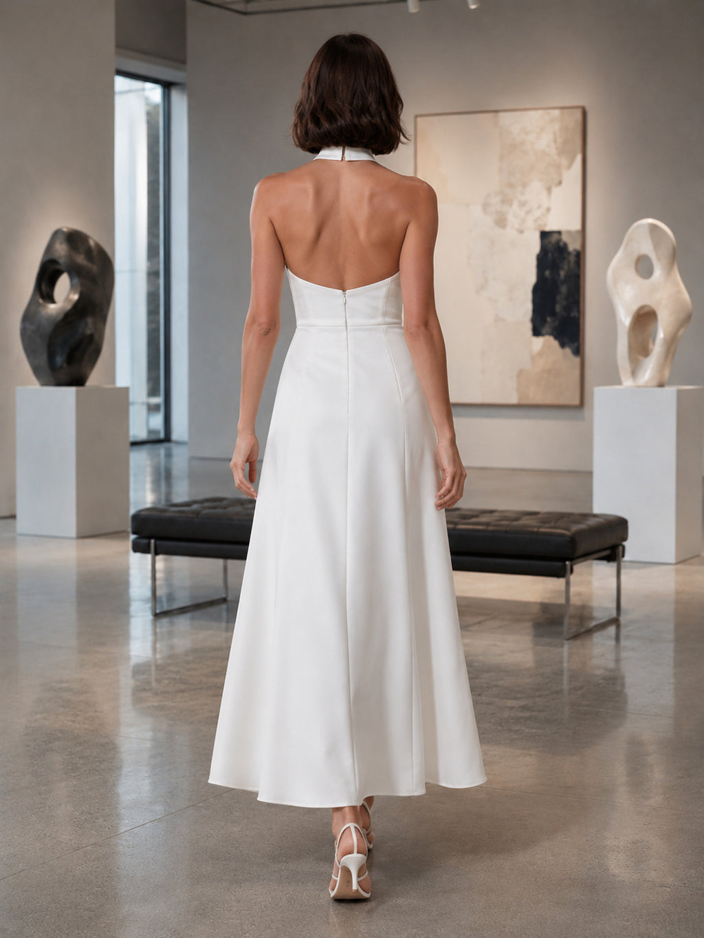 White Halter Neck Minimalist A Line Gallery Midi Dress back view