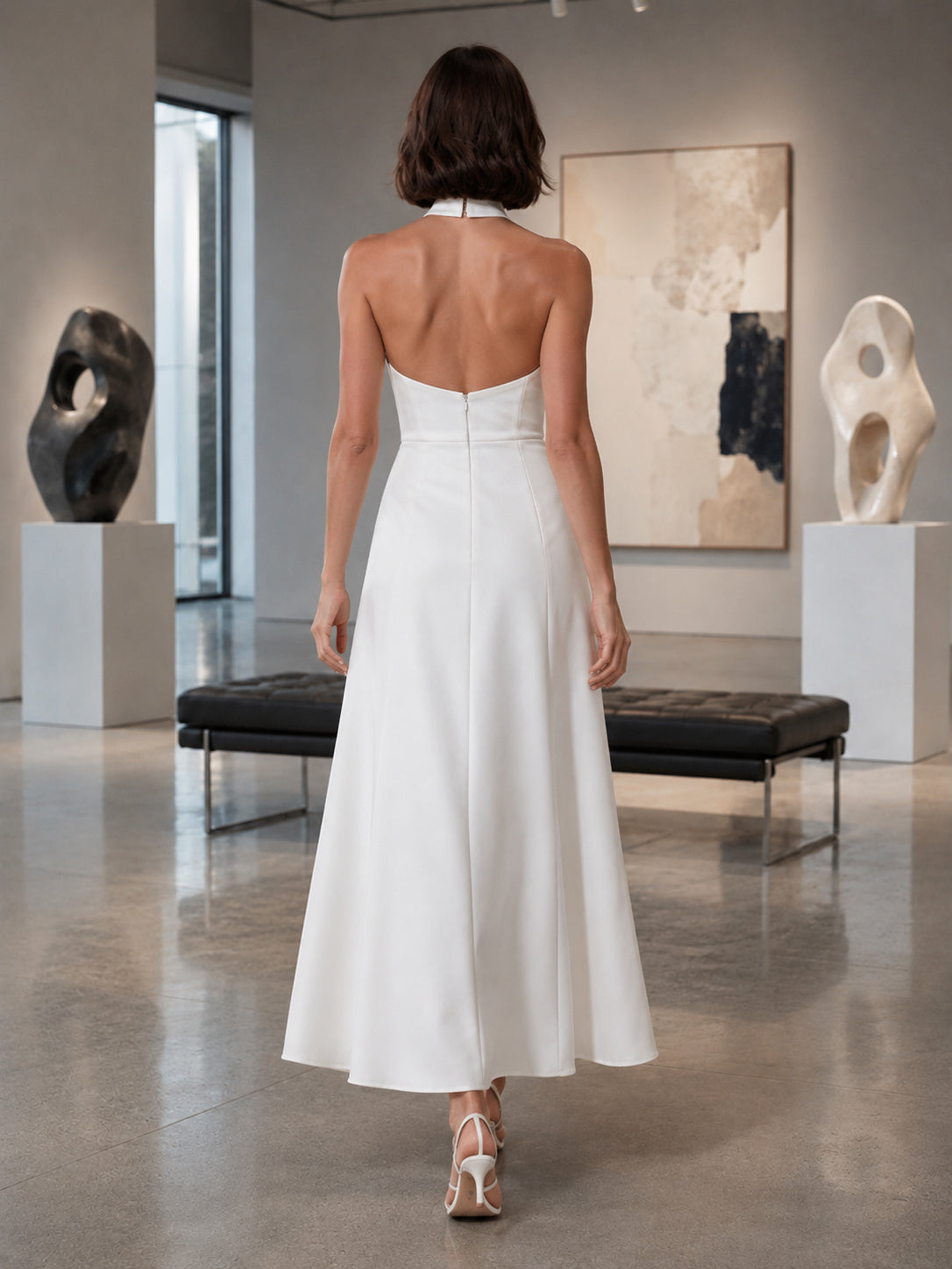 White Halter Neck Minimalist A Line Gallery Midi Dress back view