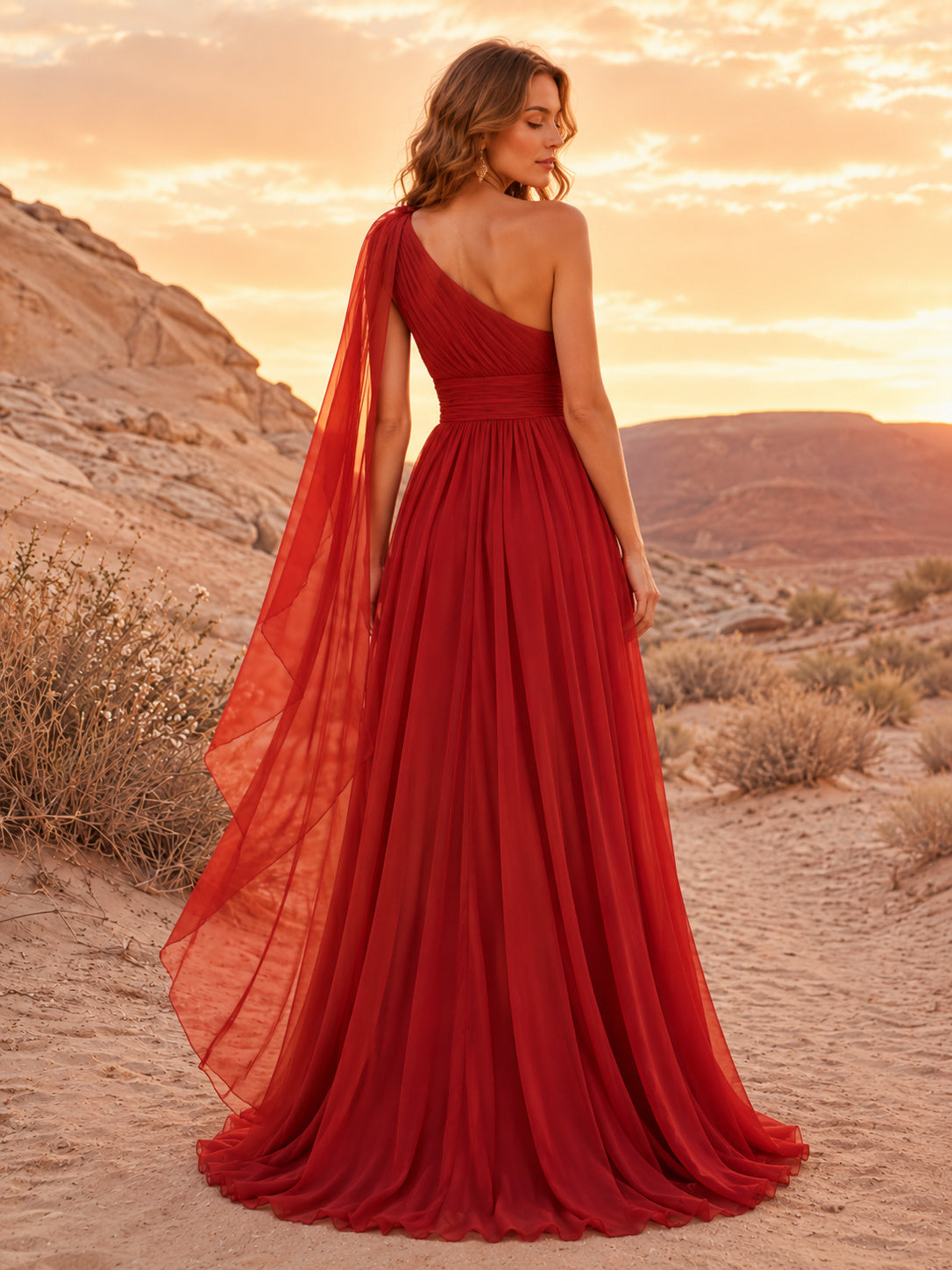 Red Boho One Shoulder Draped Chiffon Wedding Dress back view