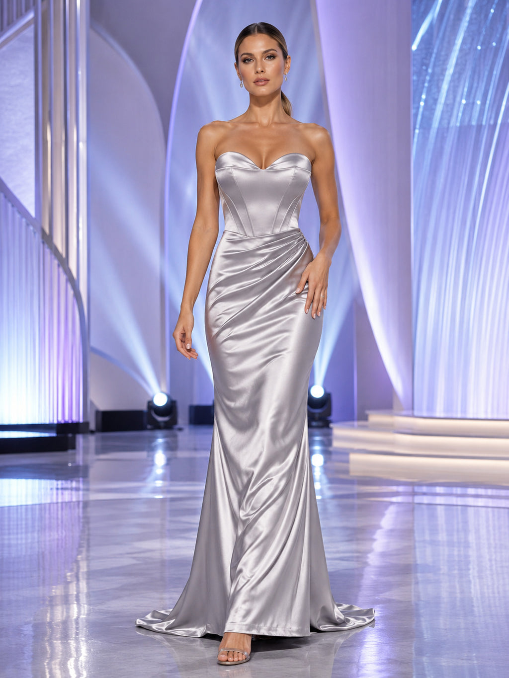 Silver strapless sweetheart ruched satin mermaid evening gown front view