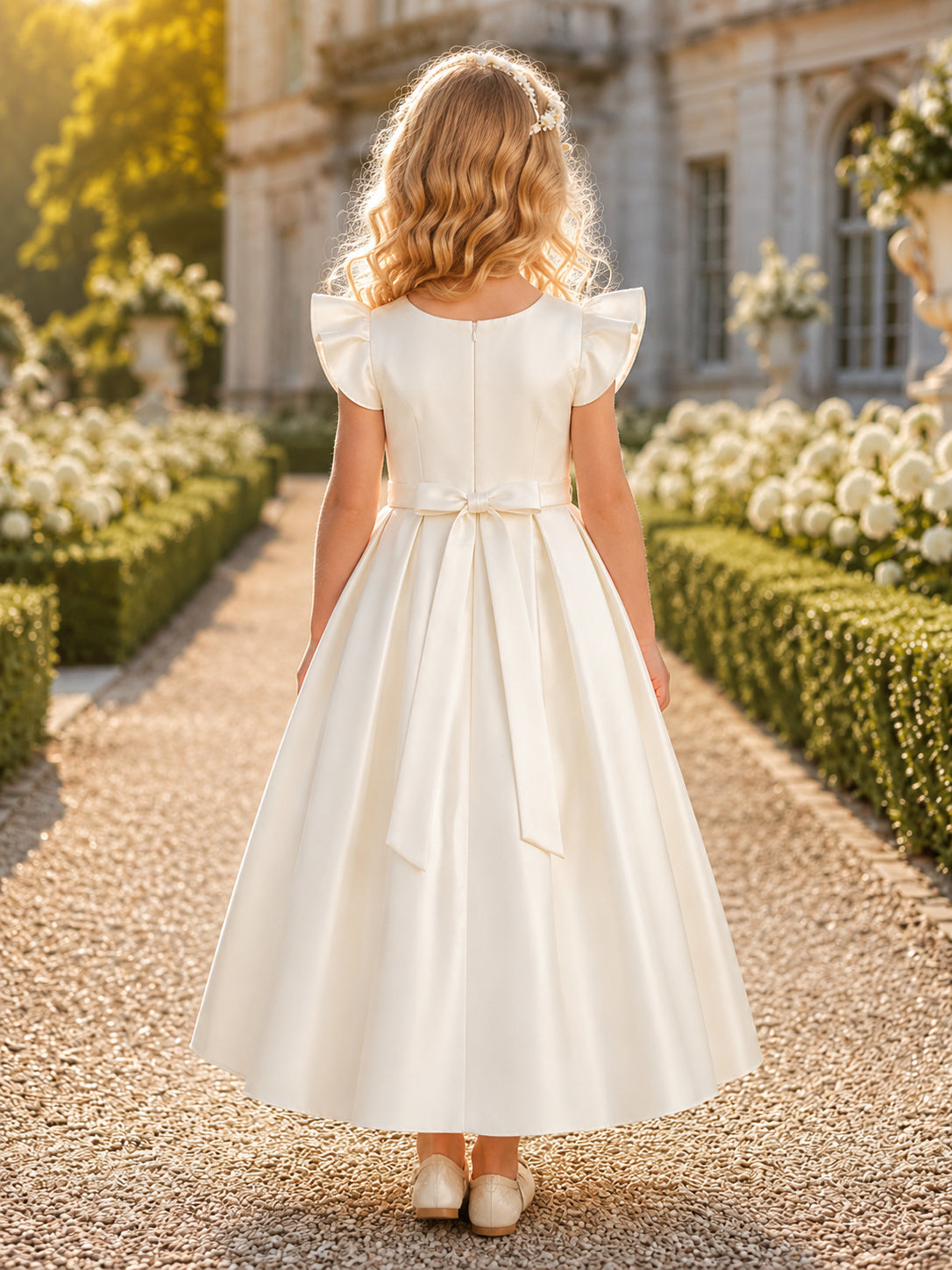 Flower Girl Dress Ivory Satin A-Line Short Sleeve Jewel Neck Tea Length Bow Detail back view