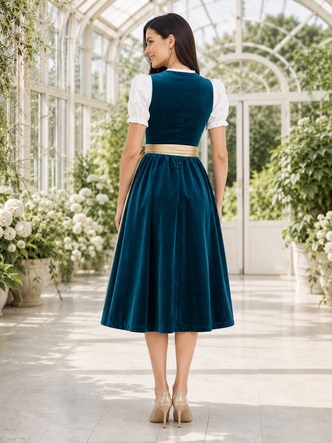 Elegant Peacock Velvet Dirndl A Line Tea Length Puff Sleeve Champagne Apron back view