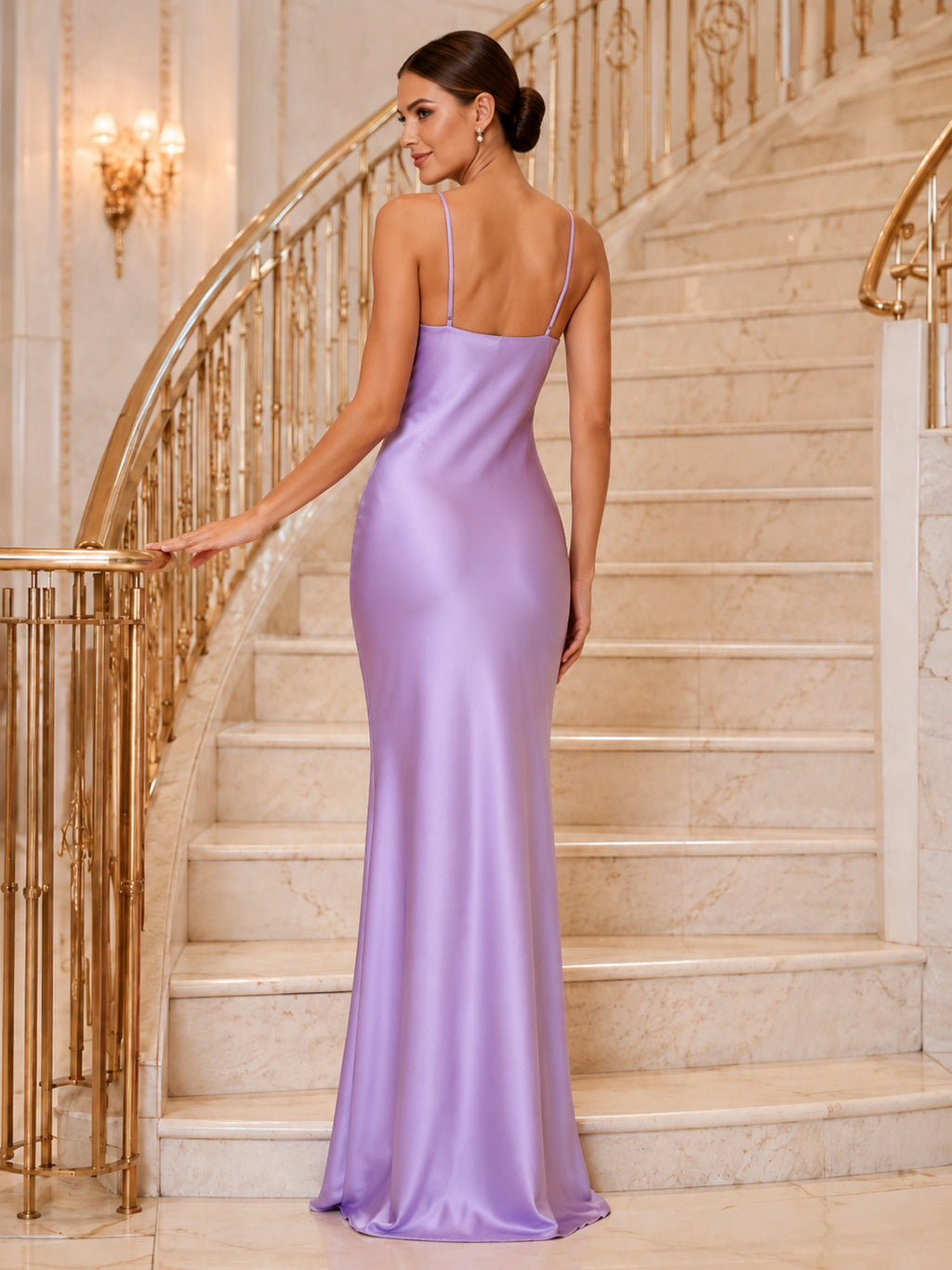 Lilac Satin Spaghetti Strap Column Formal Slip Gown back view