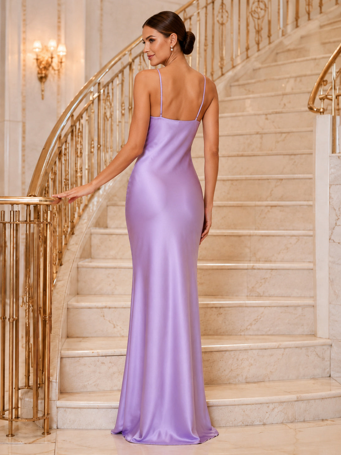Lilac Satin Spaghetti Strap Column Formal Slip Gown back view