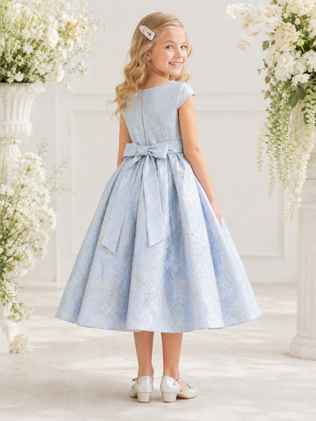 Sky Blue Brocade Bateau Neck Cap Sleeve Floral Bow Tea-Length A-Line Garden Flower Girl Dress back view