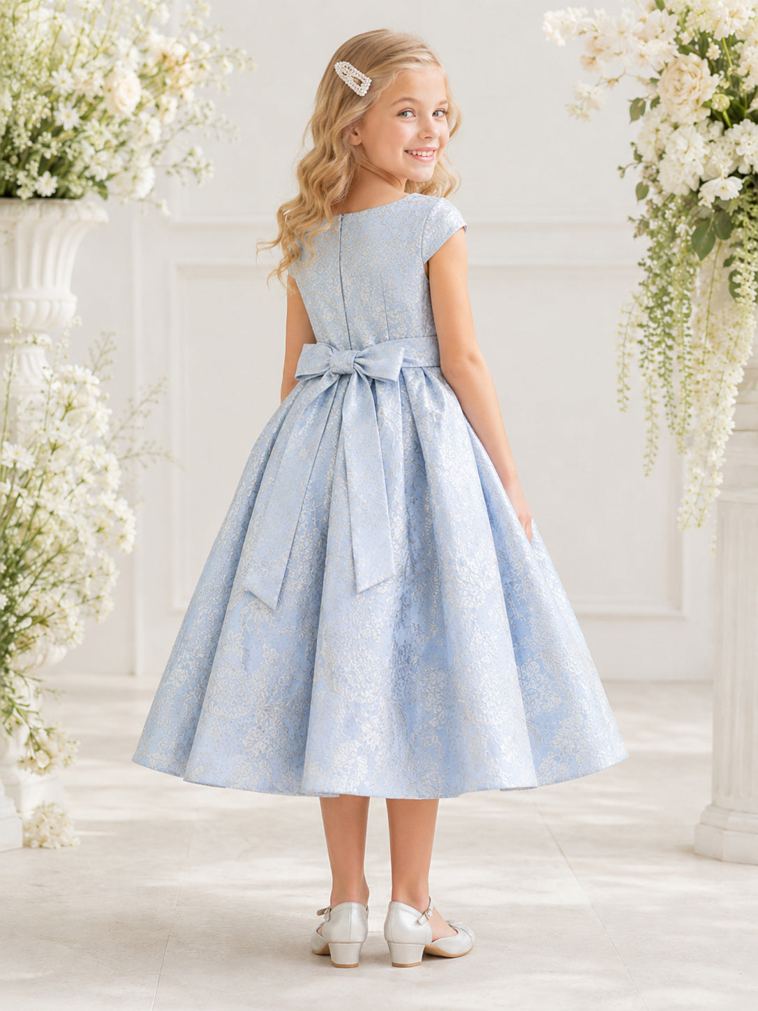 Sky Blue Brocade Bateau Neck Cap Sleeve Floral Bow Tea-Length A-Line Garden Flower Girl Dress back view