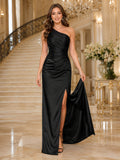Black Satin One Shoulder Draped Formal Gown With Slit front view