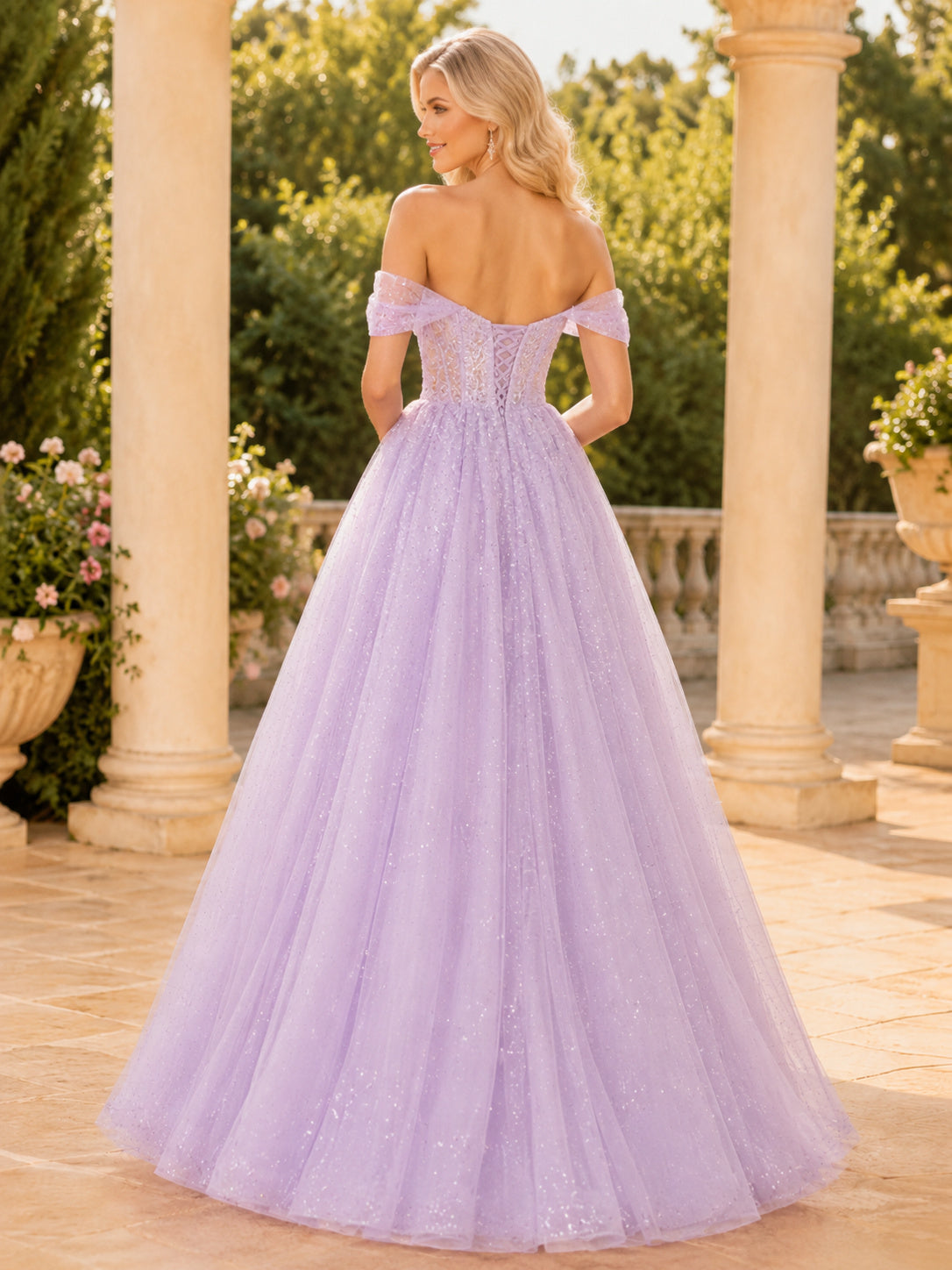 Lavender Off Shoulder Glitter Tulle Ball Gown Prom Dress back view