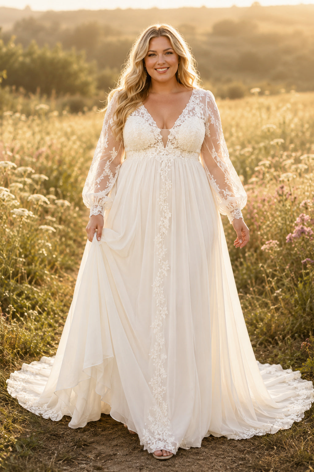 Plus Size Ivory V-Neck Bishop Sleeve Lace Tulle A-Line Wedding Dress with Lace Bodice and Soft Chiffon Chapel Train front vie
