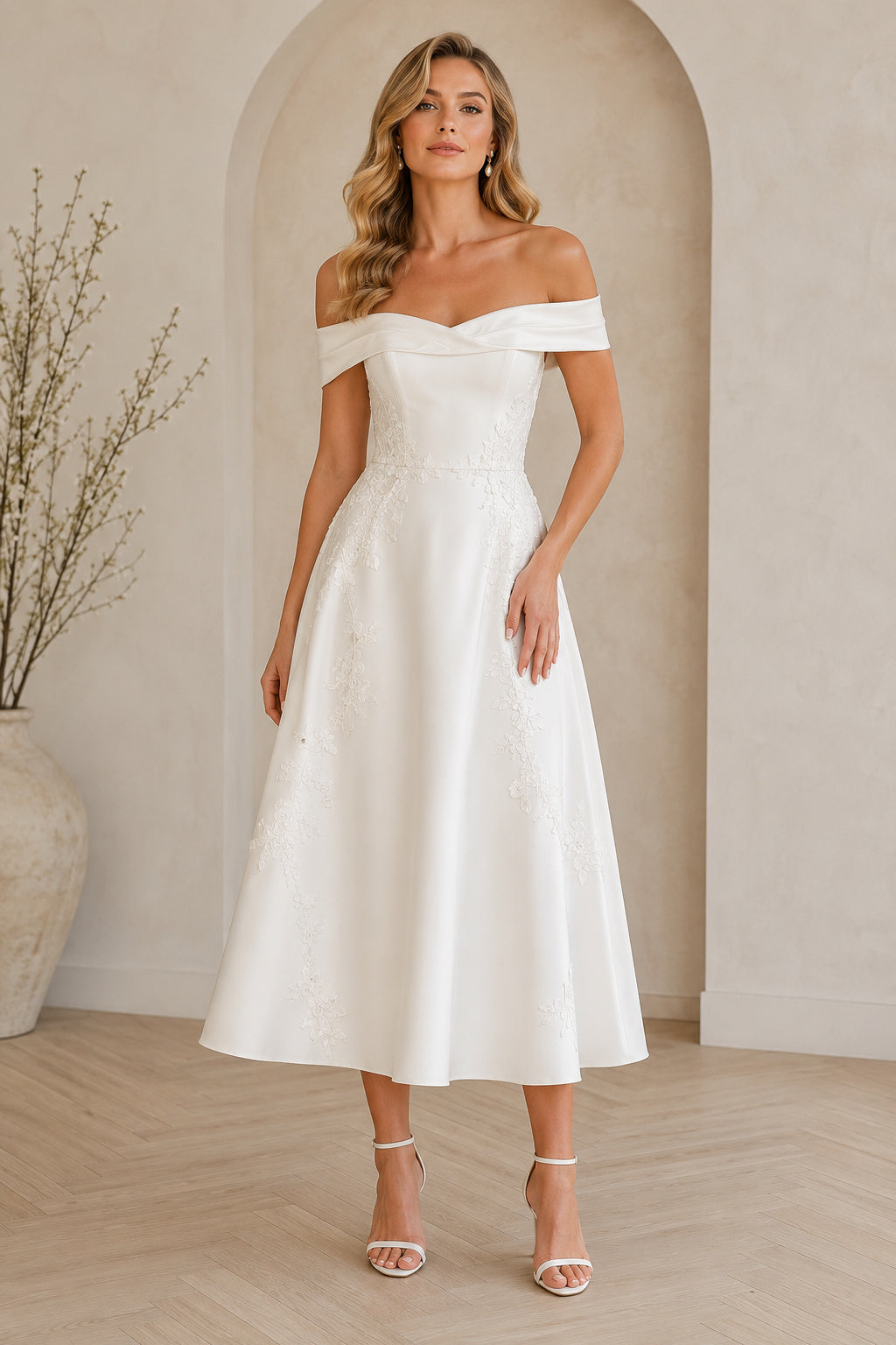 White Off Shoulder Satin Tea Length Wedding Dress for Wedding Reception and Party front view