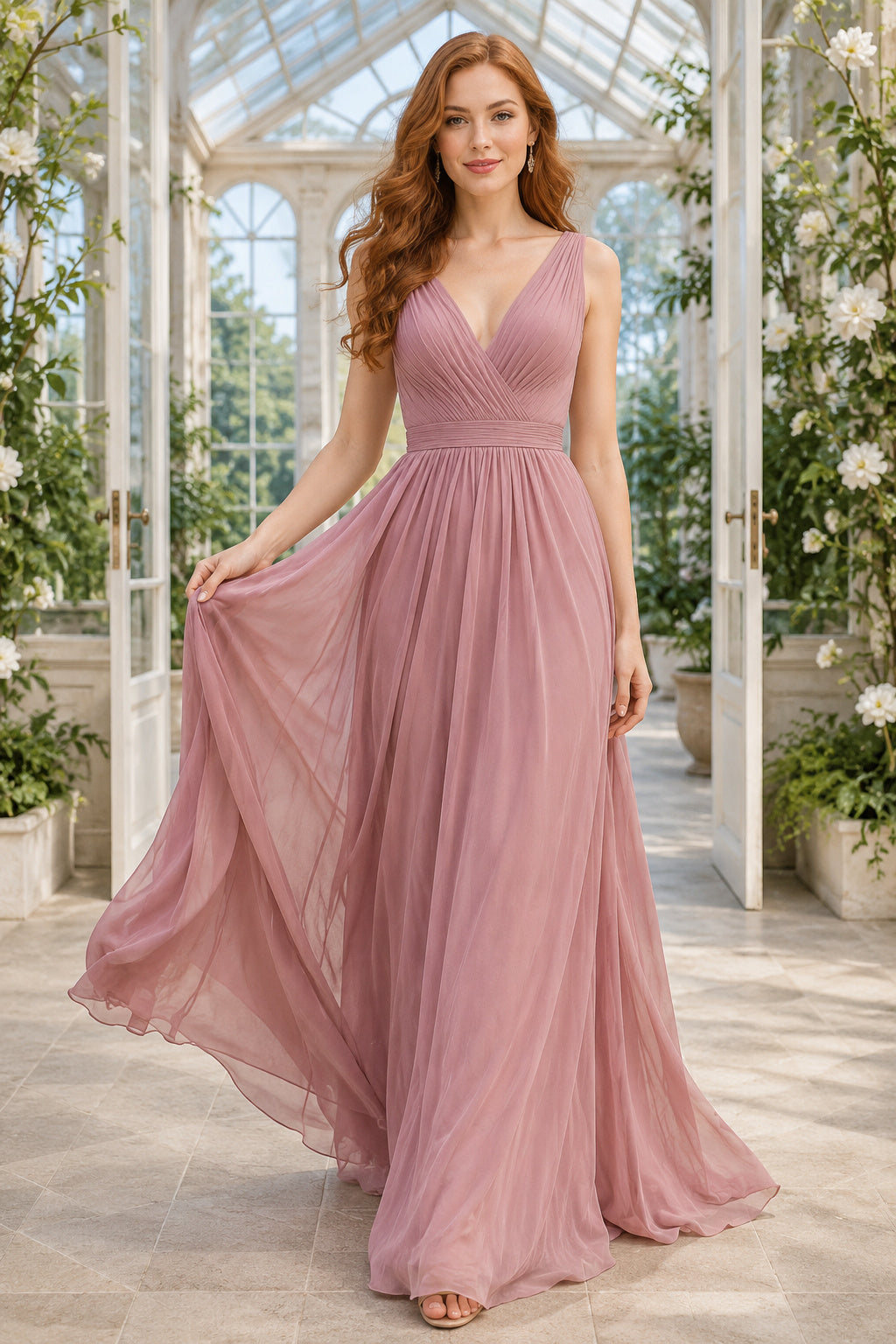 Dusty Rose V-Neck Tulle A-Line Bridesmaid Dress front view