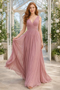 Dusty Rose V-Neck Tulle A-Line Bridesmaid Dress front view