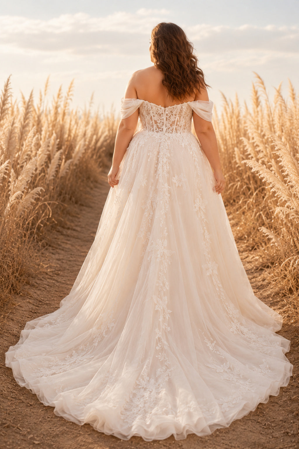 Plus Size Off-the-Shoulder Lace Bodice A-Line Wedding Dress with Tulle Skirt back view