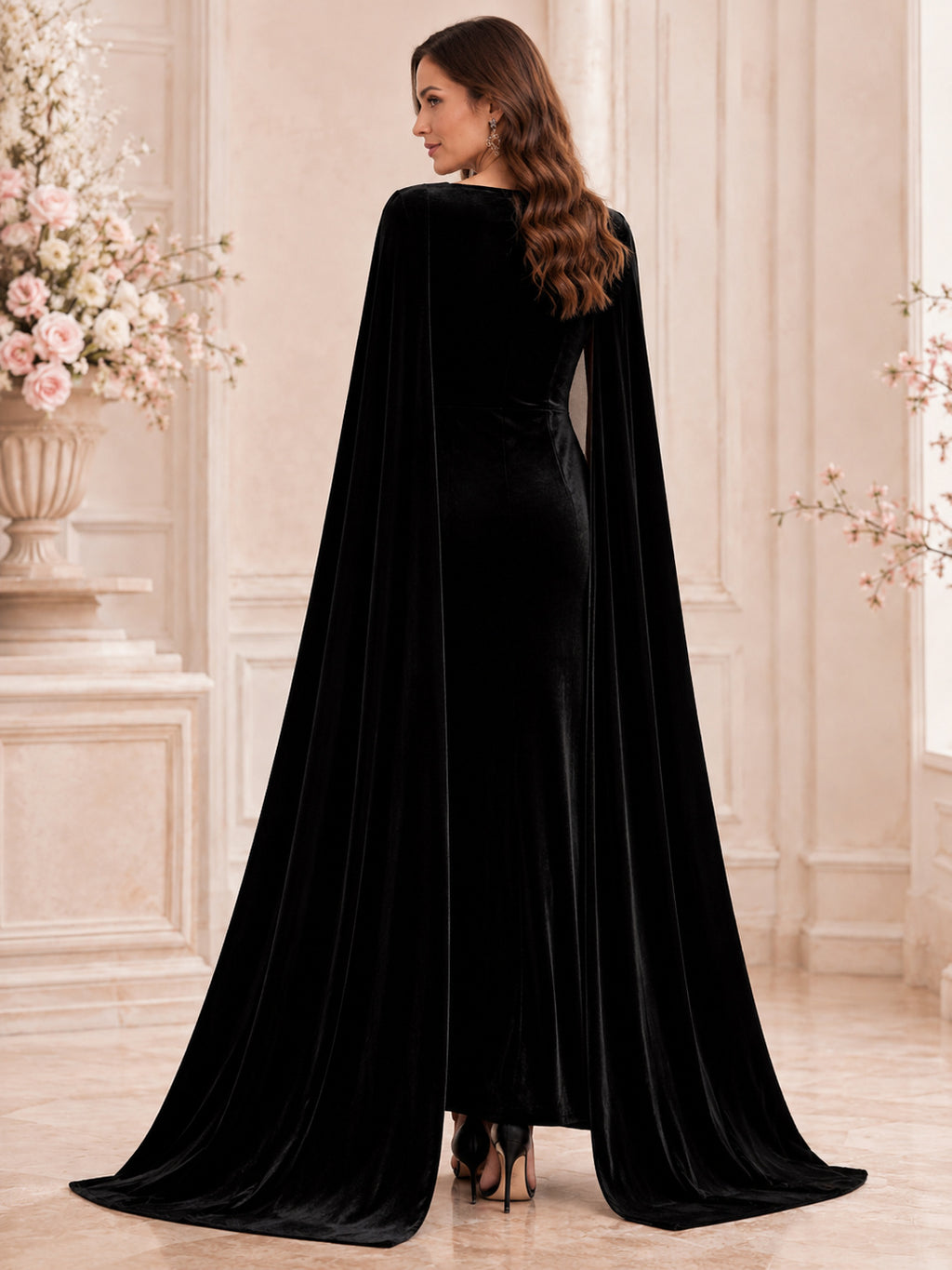 Black Square Neck Velvet Cape Sheath Floor Length Guest Dress back view