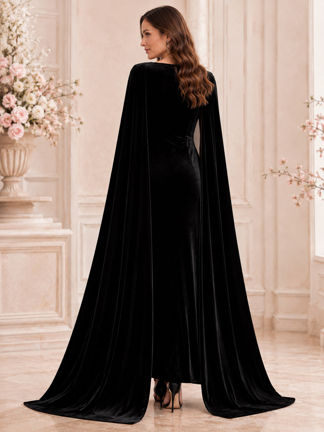 Black Square Neck Velvet Cape Sheath Floor Length Guest Dress back view
