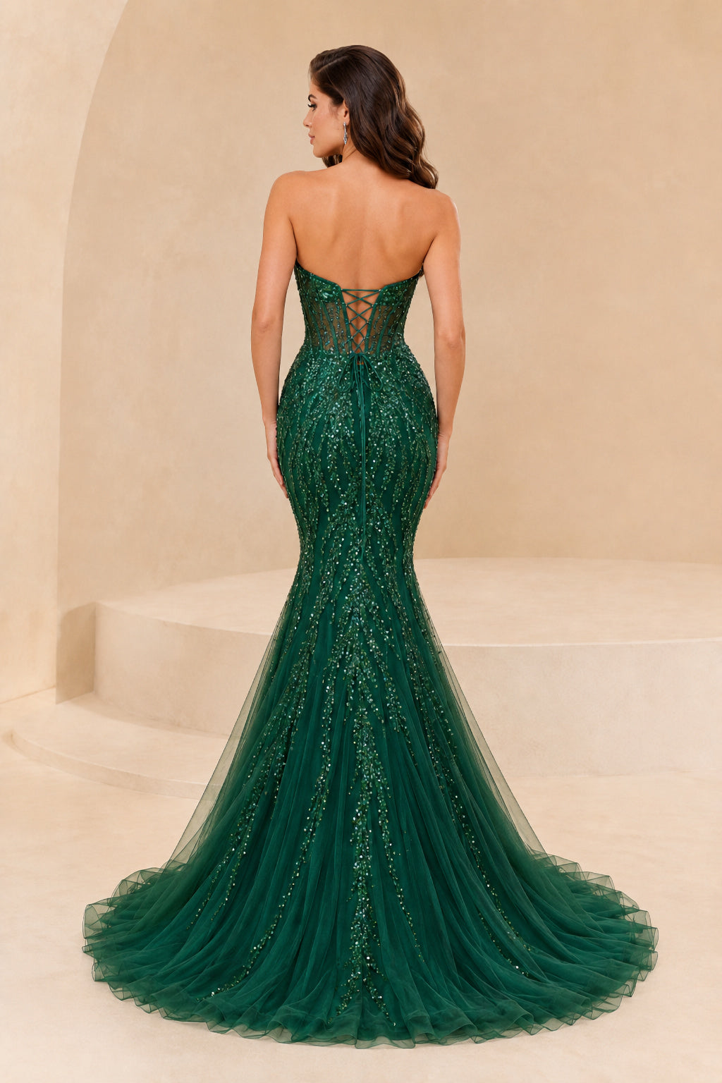 Dark Green Strapless Sequined Mermaid Prom Dress with Sweetheart Neck and Tulle Train back view