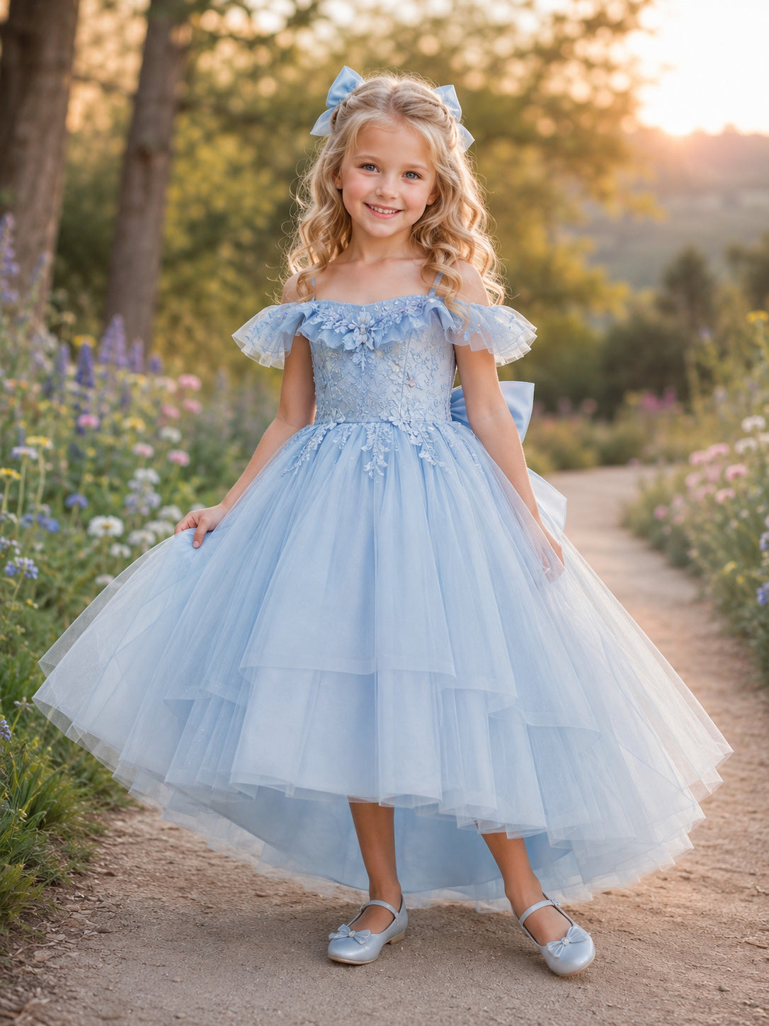Flower Girl Dress Sky Blue Tulle A-Line Puff Sleeve Off Shoulder Tea Length Bow Back front view
