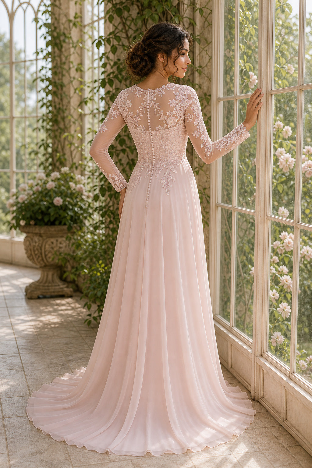 Blush Bateau Long Sleeve A-Line Chiffon Floor-Length Dress With Lace Bodice