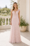 Blush V-neck Sheath Lace Floor-length Formal Dress With Lace and Open Back