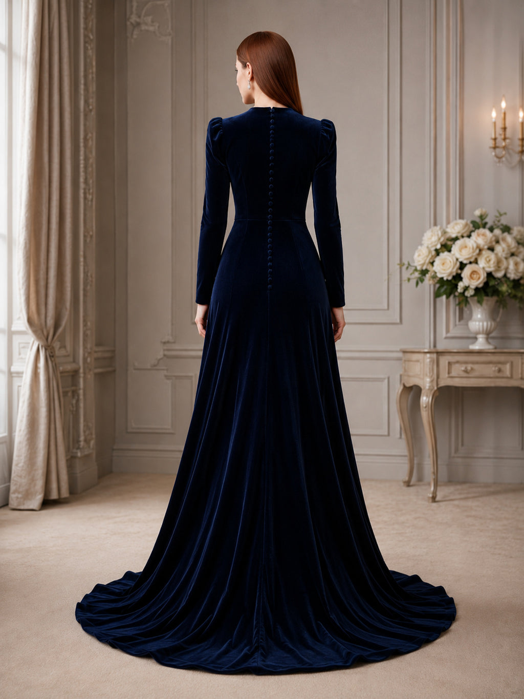Midnight Velvet High Neck Button Long Sleeve Mermaid Wedding Gown back view