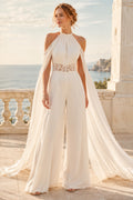 Ivory Halter High Neck Sleeveless Lace Satin Floor-Length Bridal Jumpsuit with Cape Train and Lace Waist front view