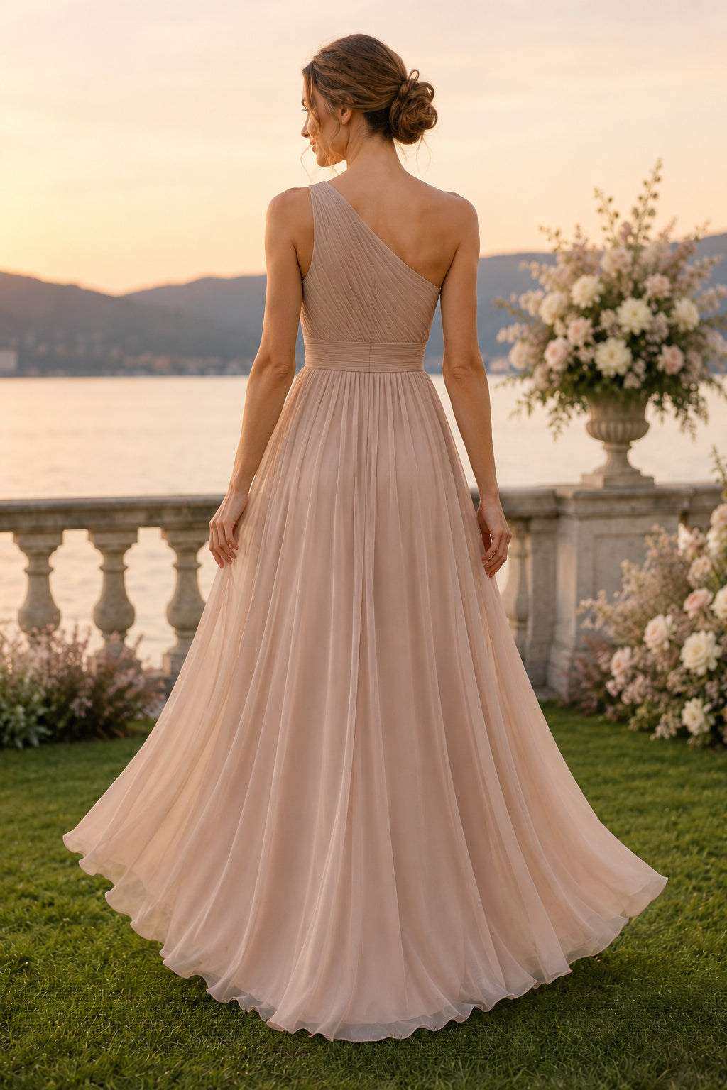 Champagne One-Shoulder Tulle A-Line Wedding Dress with Pleated Bodice and Flowing Skirt back view
