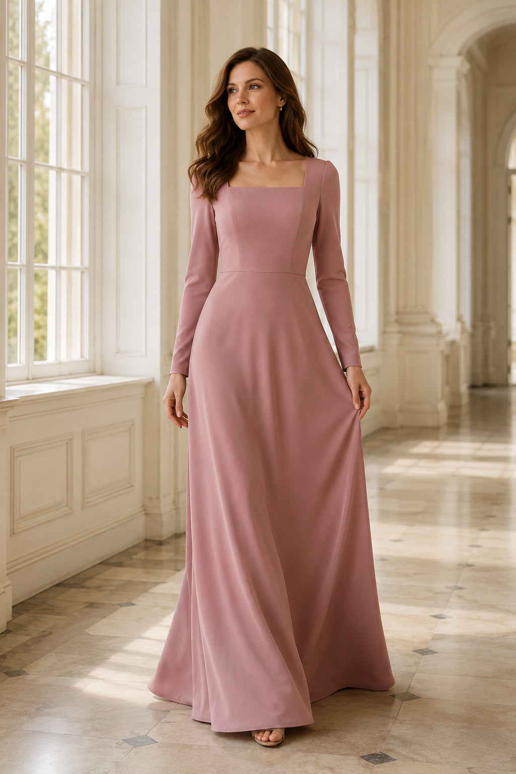 Dusty Rose Square Neck Satin A-Line Formal Dress with Long Sleeves and Clean Skirt front view