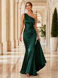 Dark Green One Shoulder Satin Mermaid Formal Dress front view