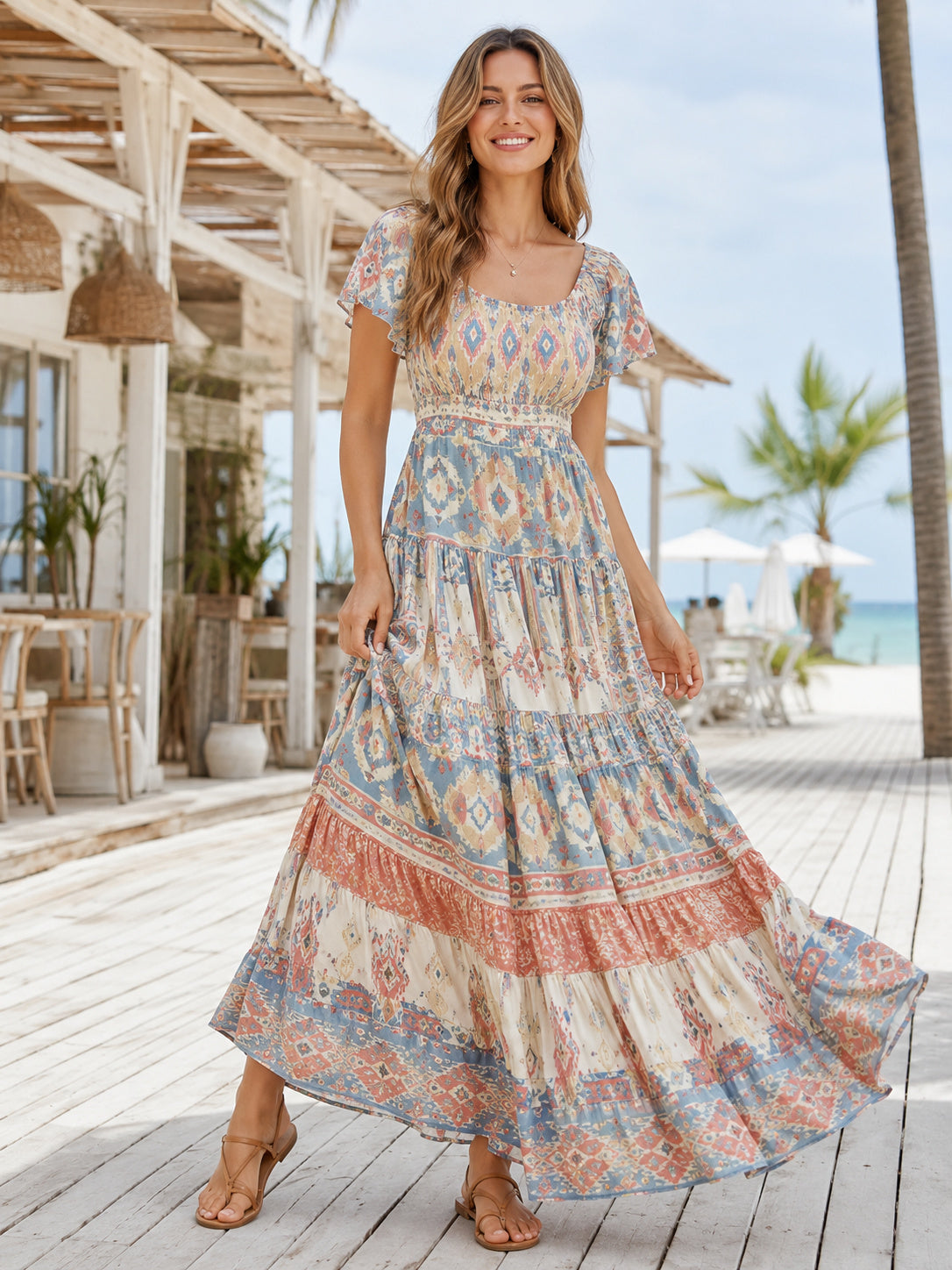 Pastel Aztec Flutter Sleeve Tiered A-Line Beach Maxi Dress front view