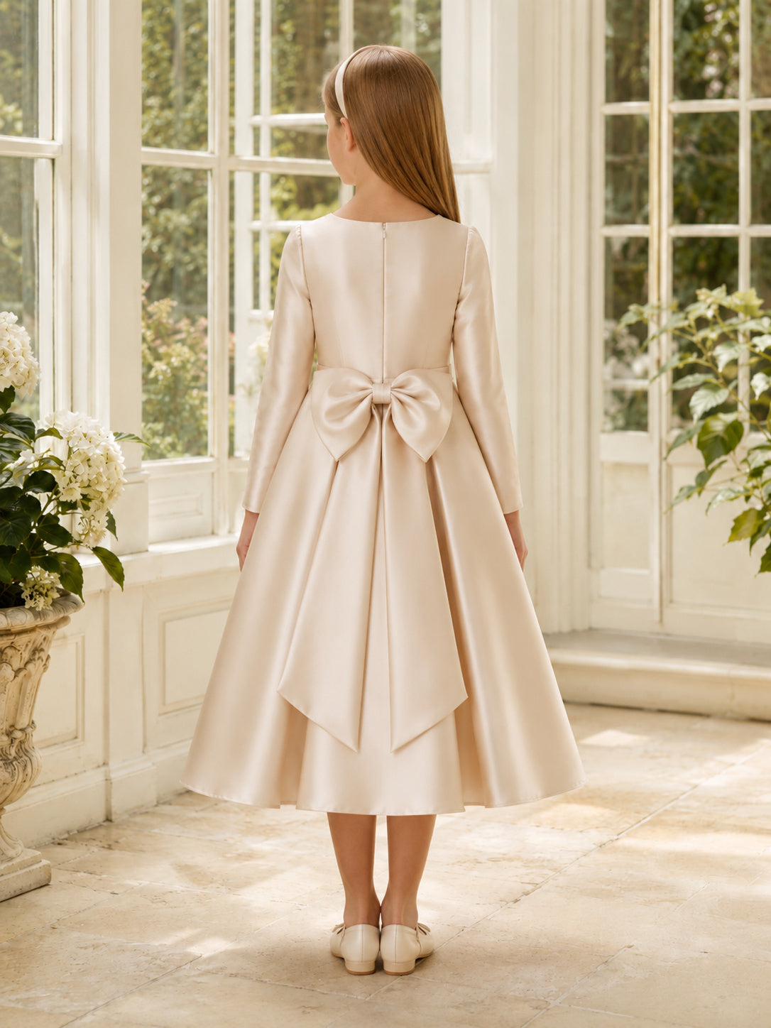 Champagne Satin Long Sleeve Tea-Length A-Line Flower Girl Garden Wedding Dress With Bow back view
