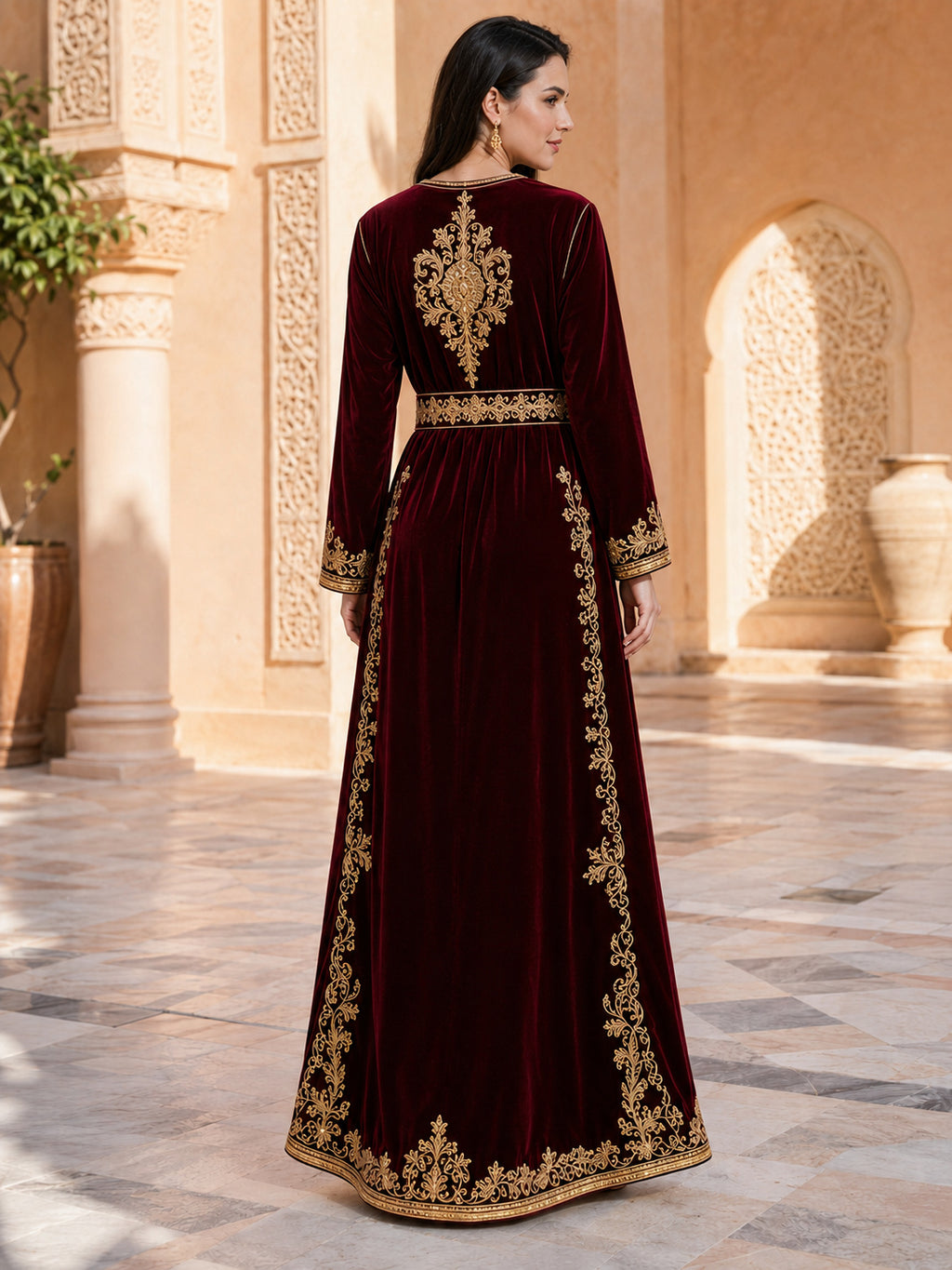 Burgundy Velvet Takchita A Line Floor Length V Neck Gold Embroidered Dress back view
