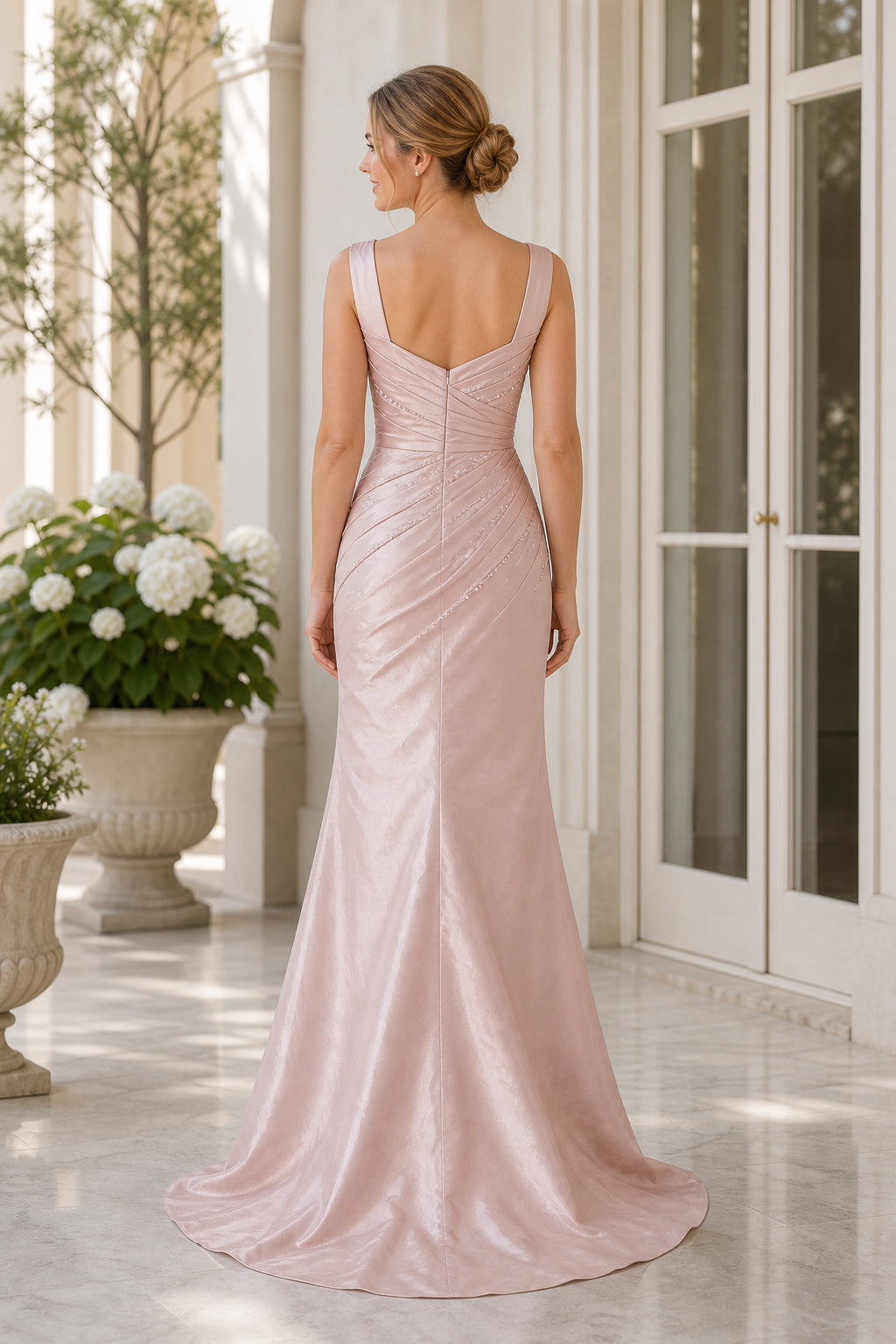 Blush V-neck Spaghetti Strap Sheath Satin Floor-Length Dress With Ruched Bodice