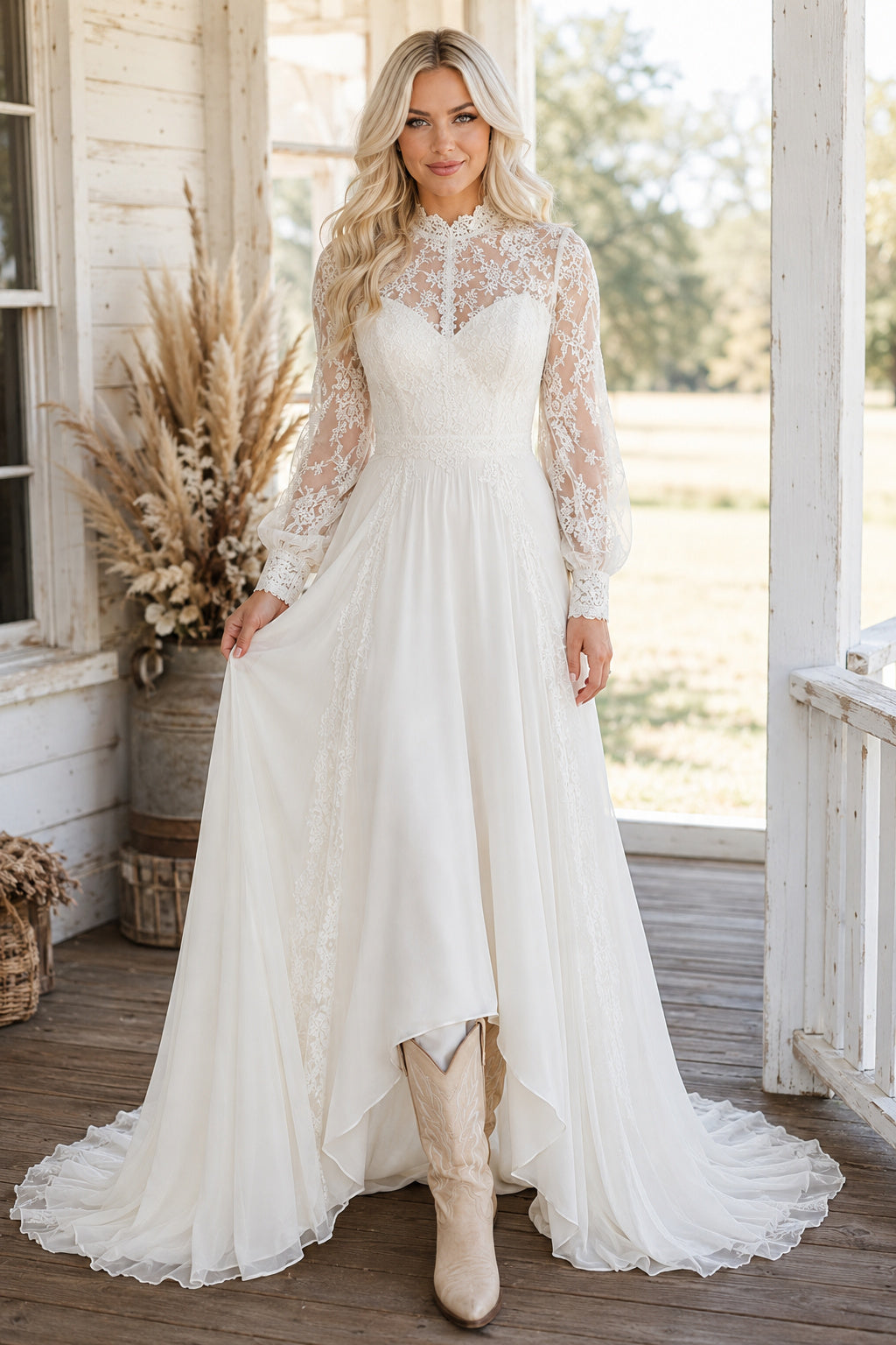 Ivory High Neck Long Sleeve Chiffon A-Line Wedding Dress with Lace Yoke and Train front view