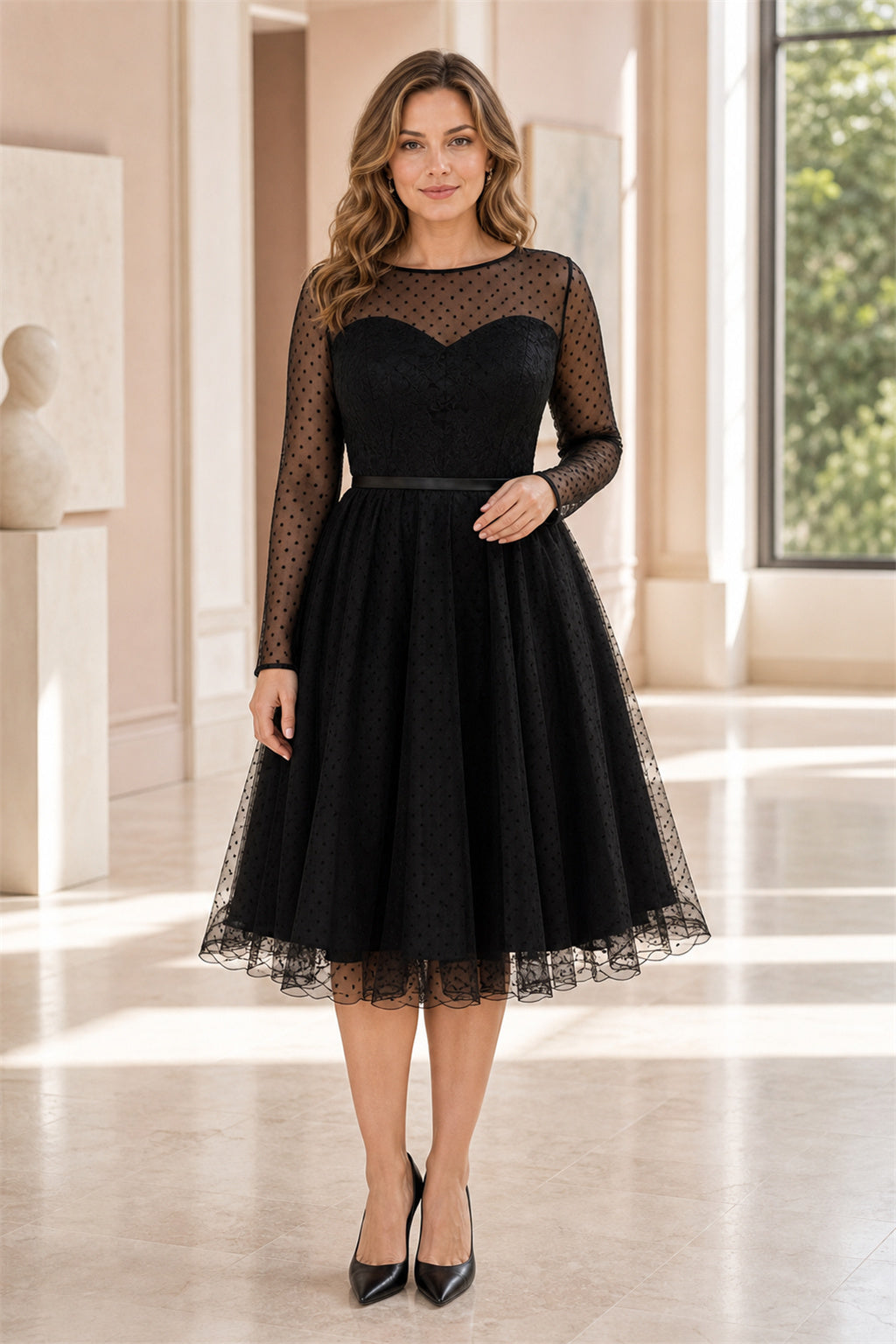 Black Sweetheart Long Sleeves A-Line Tulle, Lace Tea-length Dress With Lace