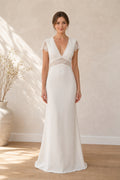 White V-neck Cap Sleeves Sheath Crepe, Lace Floor-length Wedding Dress With Lace and Beaded Waist