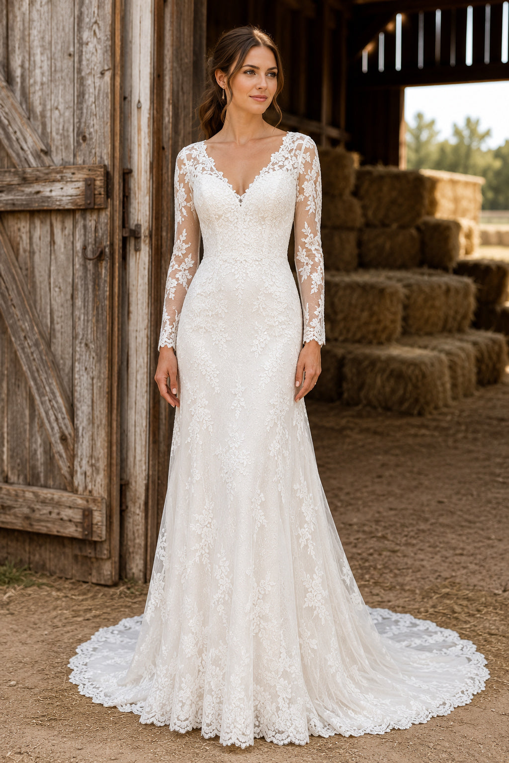 V-Neck Long Sleeve Mermaid Wedding Dress with Illusion Lace Back and Sweep Train front view