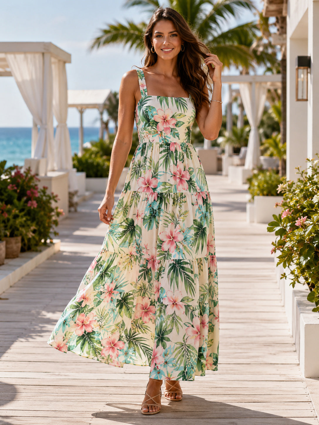 Tropical floral square neck sleeveless chiffon ankle length dress front view