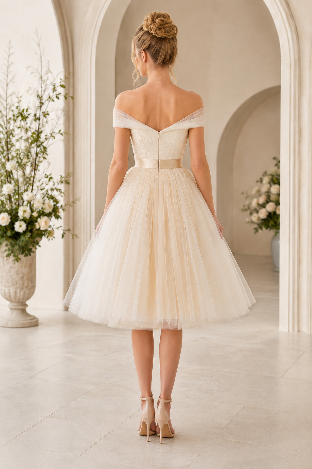 Ivory Off Shoulder Bow Sash Bodice with Tea Length Tulle Skirt Tea Length A-Line Homecoming Dress back view