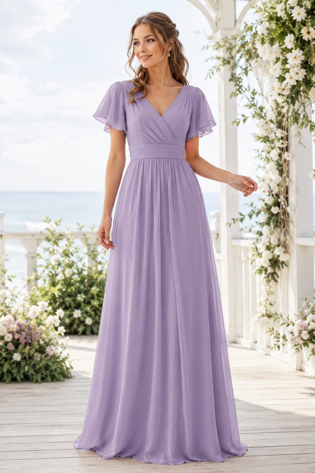 Lavender V-Neck Chiffon A-Line Bridesmaid Dress with Flutter Sleeves and Pleated Bodice front view