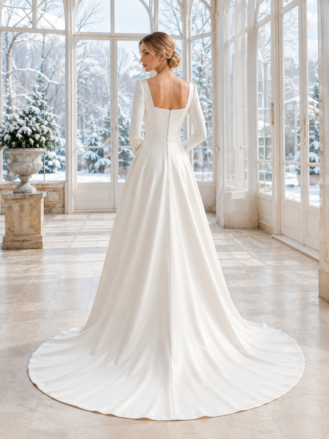 Winter Square Neck Satin Wedding A Line Long Sleeve Chapel Train back view