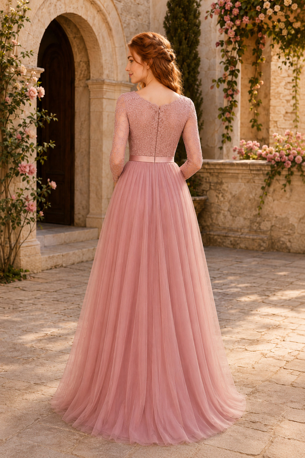 Dusty Rose Long Sleeve Lace Illusion Bodice with Tulle Skirt Floor Length A-Line Mother Dress back view