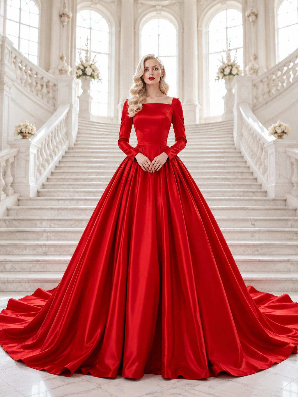 Red Long Sleeve Square Neck Satin Ball Gown Wedding Dress front view